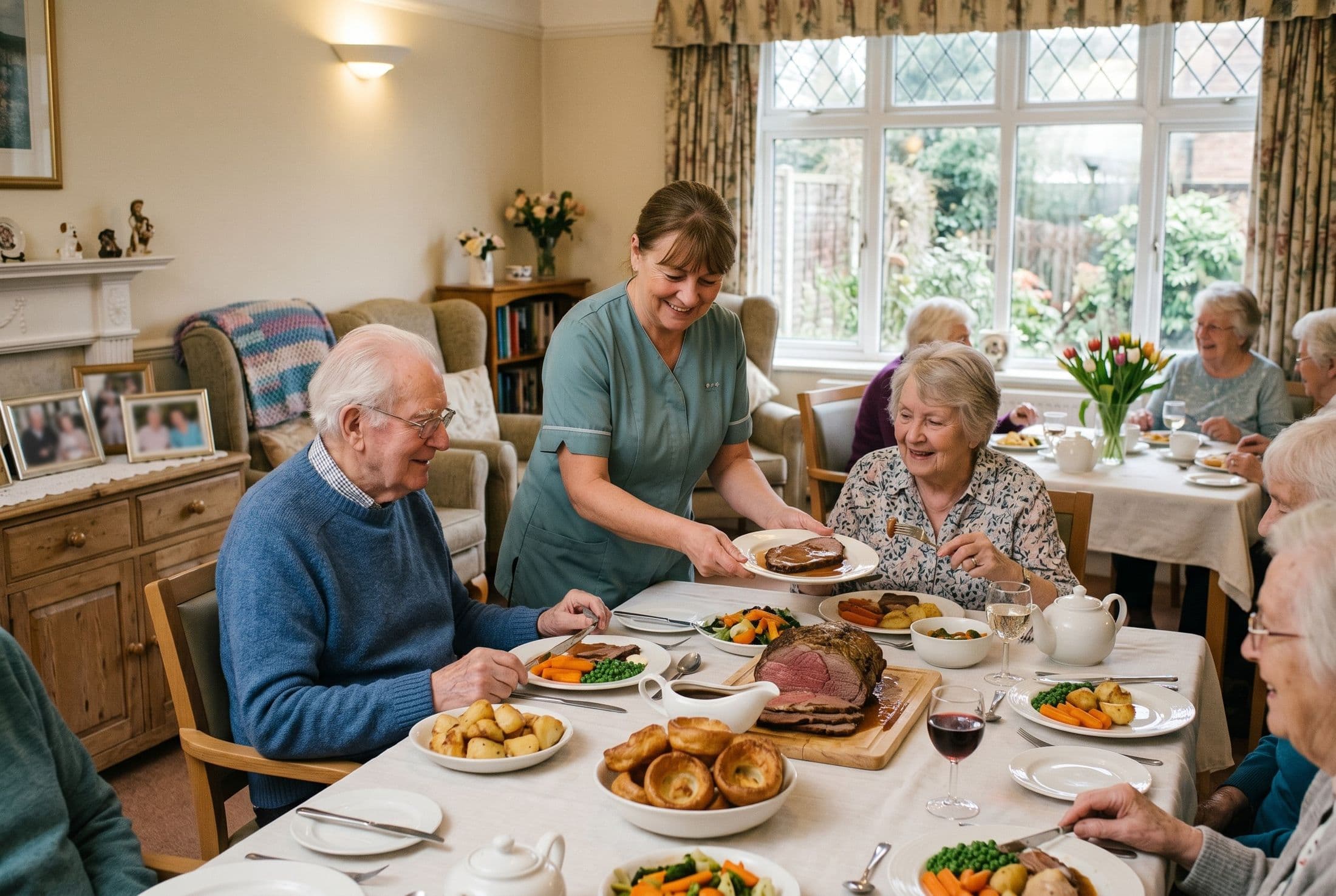 A carer serving Sunday lunch to residents at the dining table