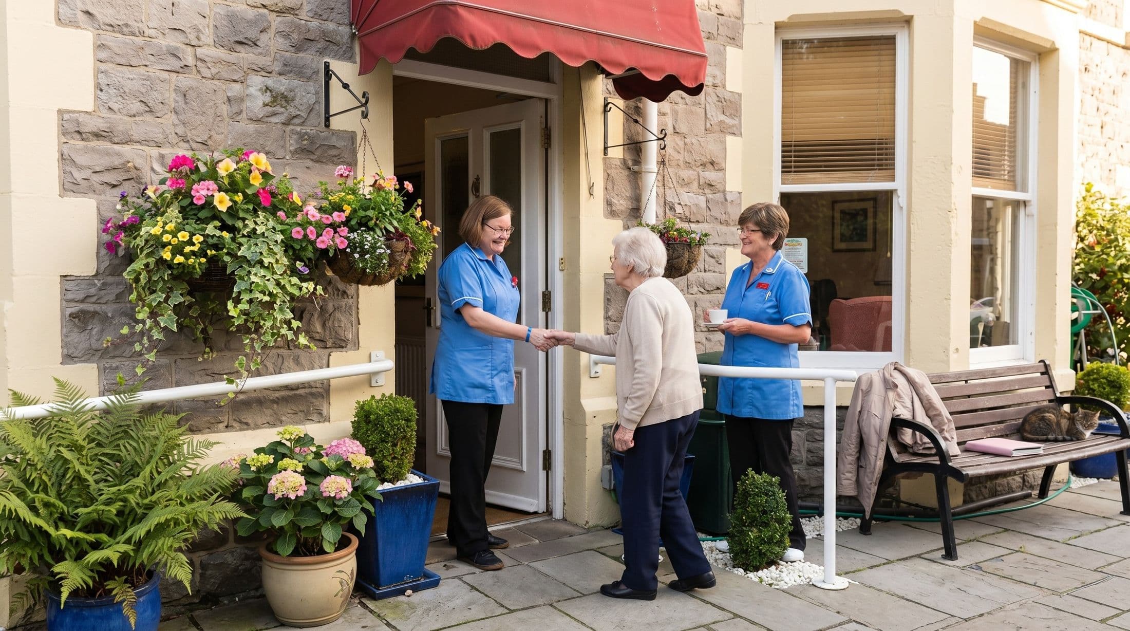 Two carers welcoming a resident at the front door of Tollington Lodge