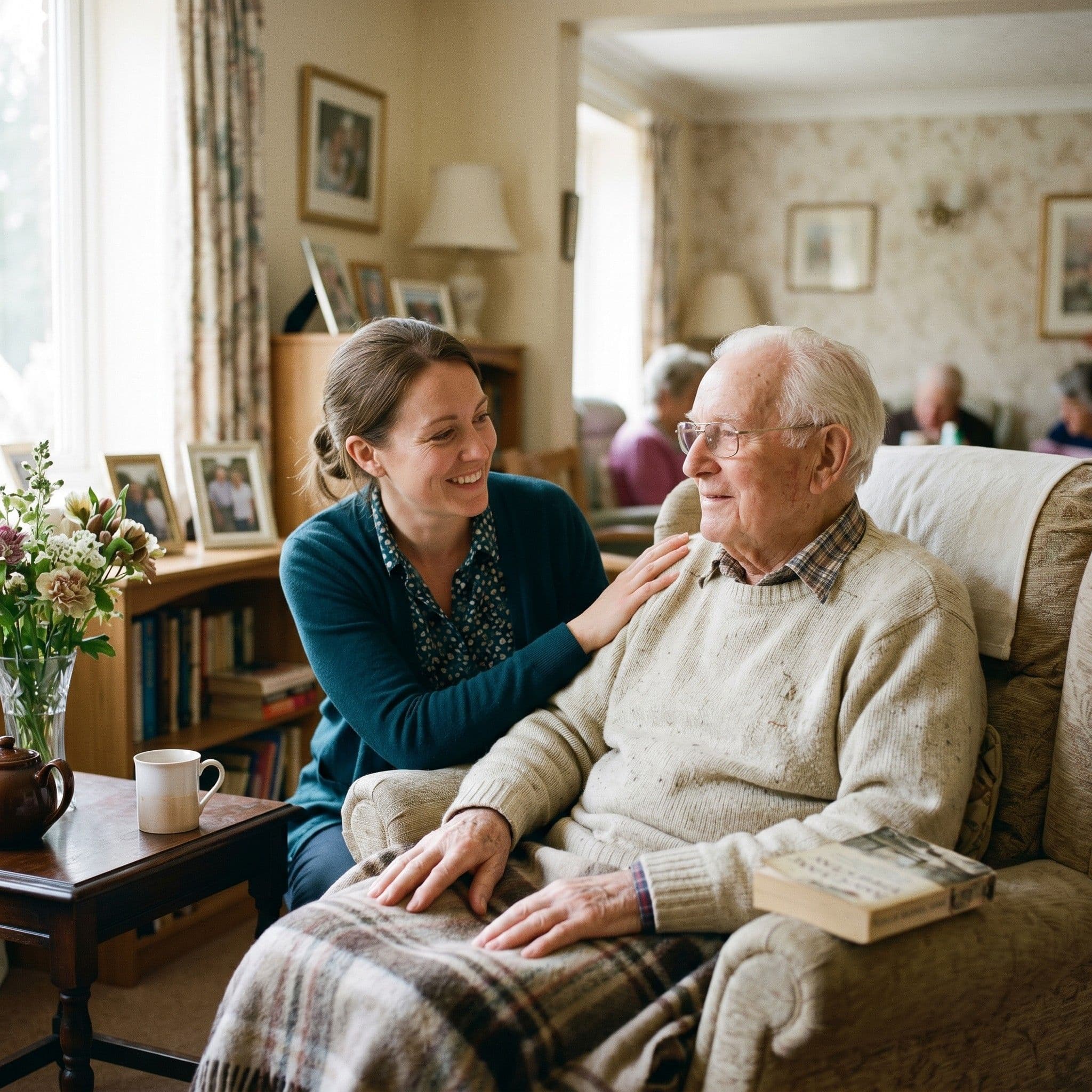 A carer sitting beside a resident in an armchair, chatting
