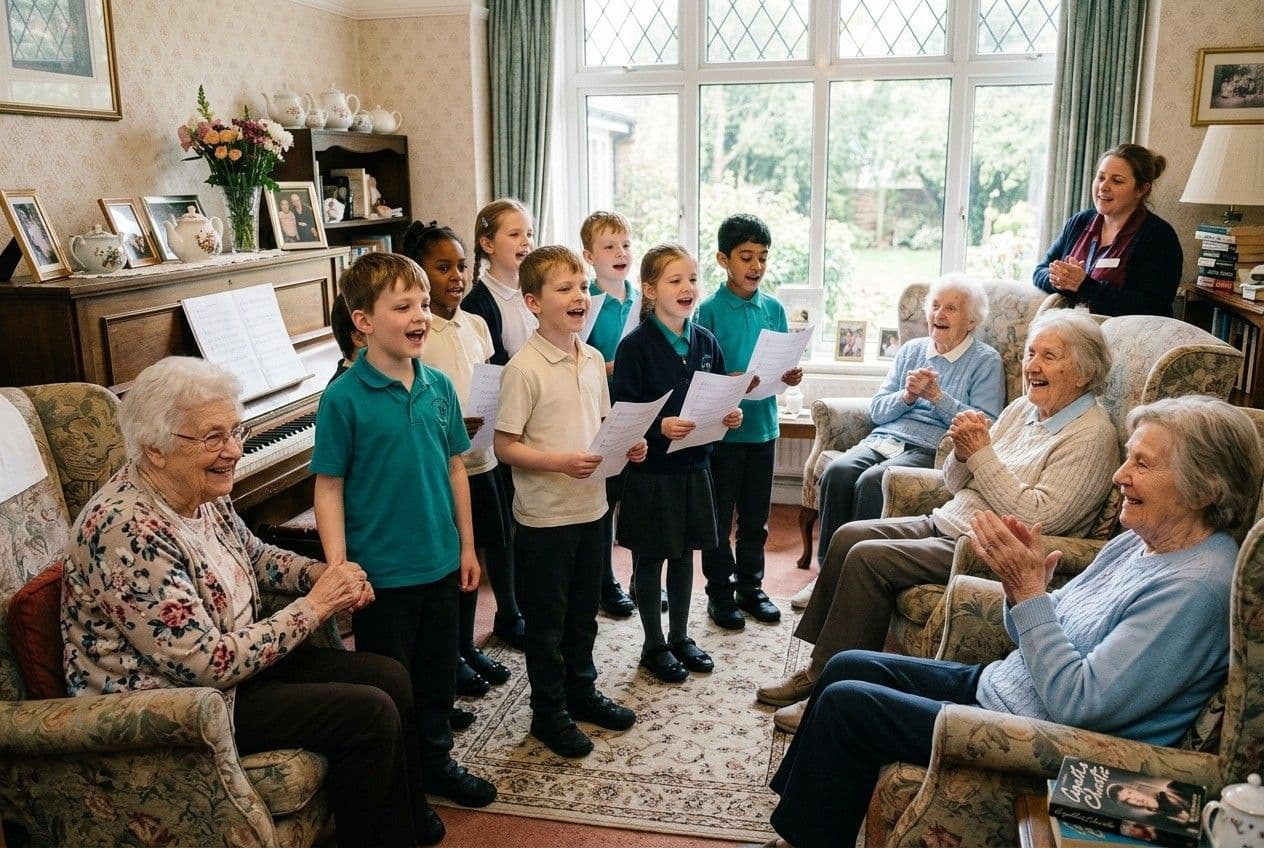 Children singing to residents gathered in the lounge